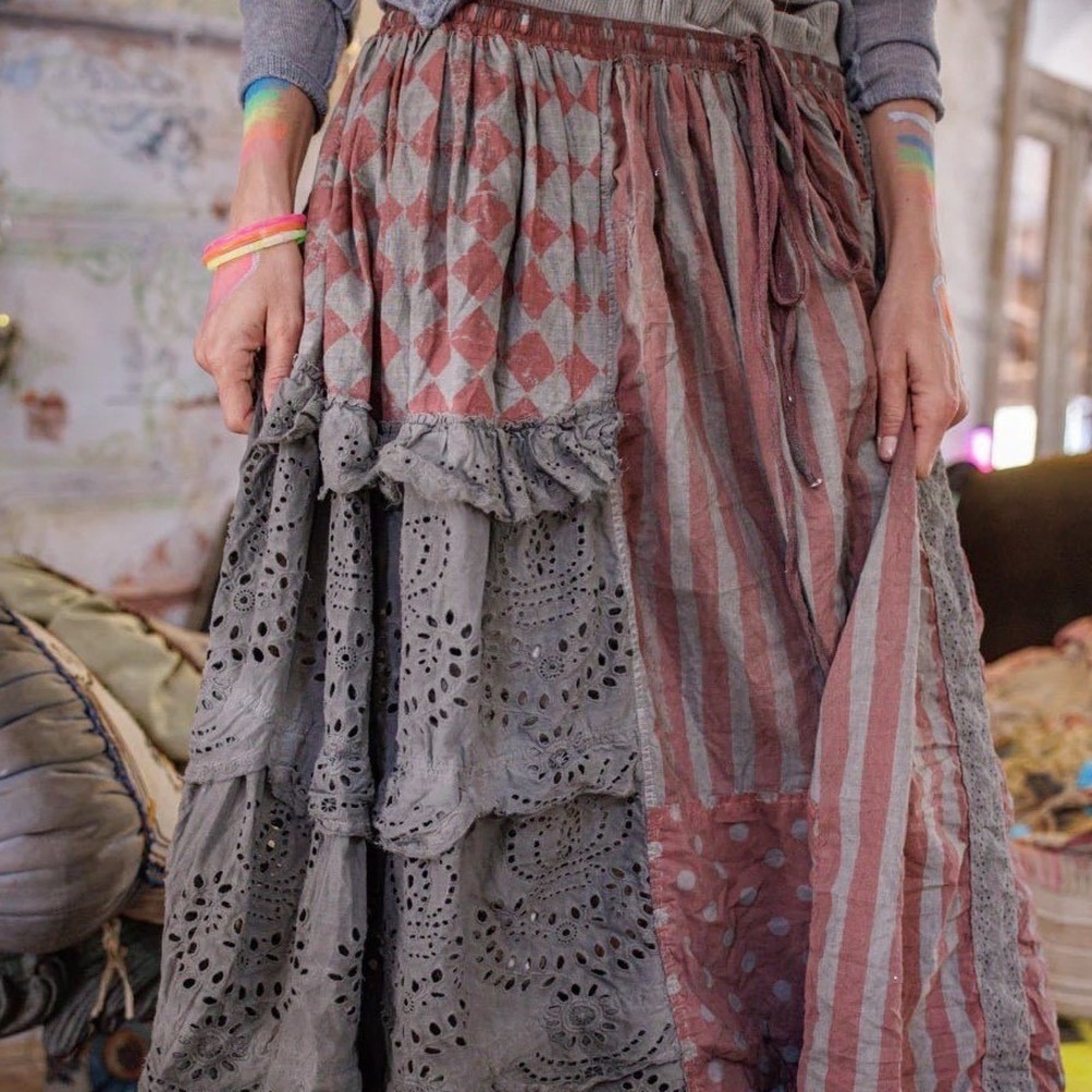 Magnolia Pearl Zima Gray Skirt Stars Stripes Drawstring Lace Boho Patchwork NWT